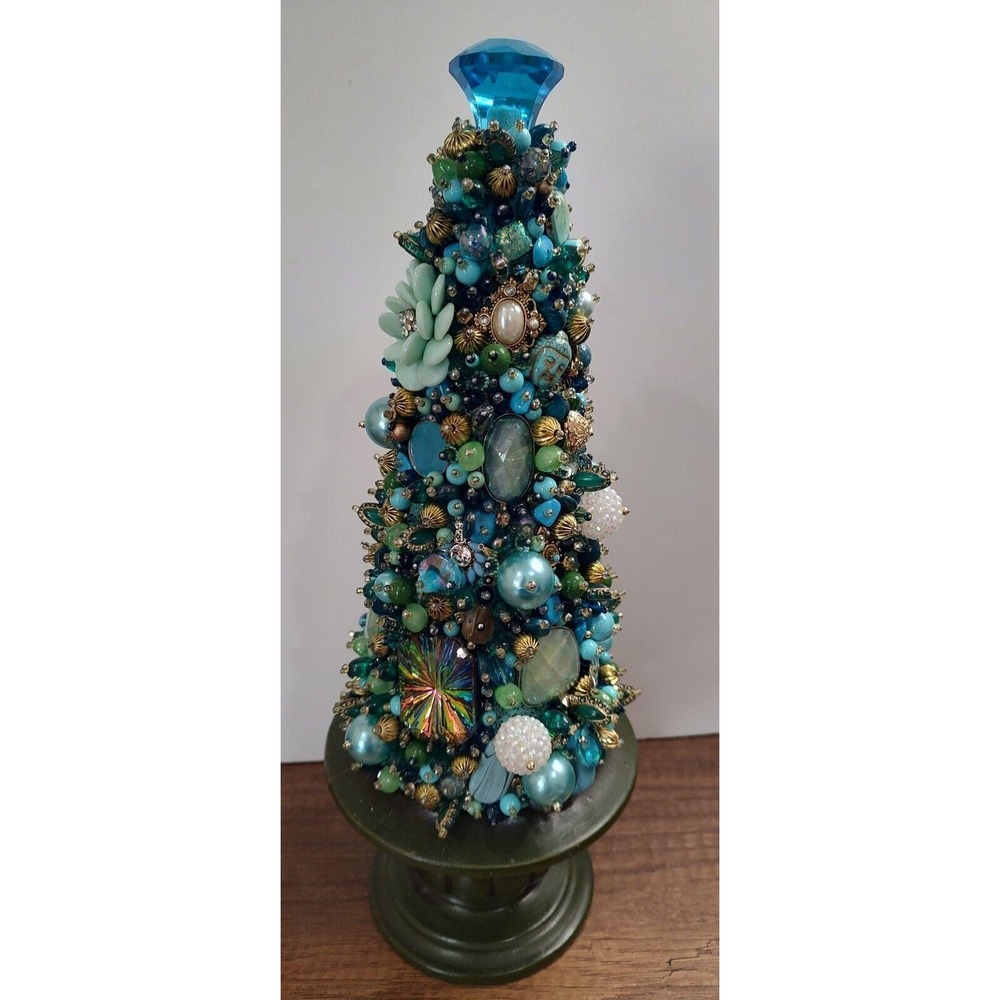 OOAK Handmade Vintage Jewelry Christmas Tree Upcycled Art Teal Gold Turquoise